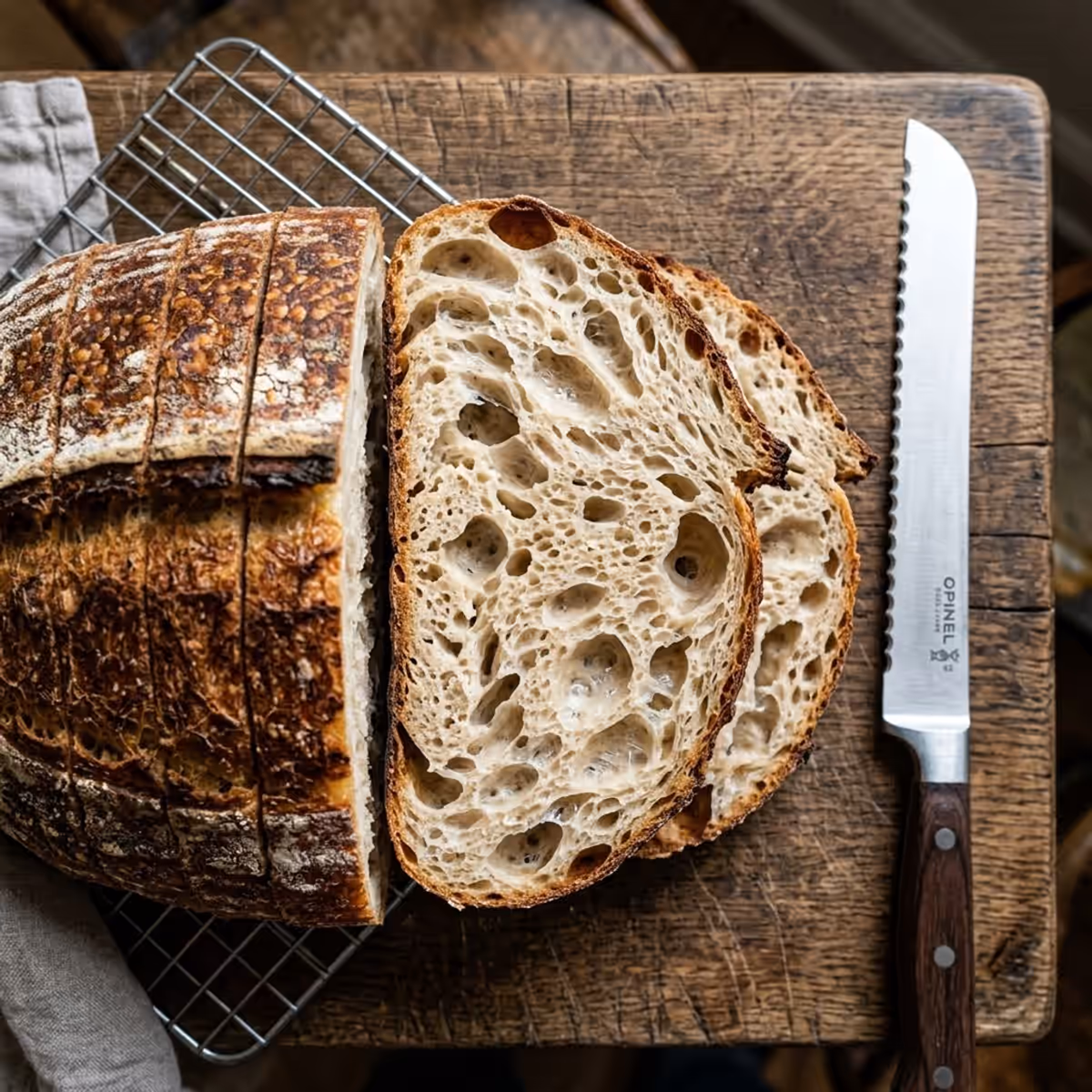 Krumenschnitt-Vergleich: ein zehn Minuten nach dem Backen geschnittenes Brot zeigt eine nasse, klebrige, halbtransparente Oberfläche, die am Messer zieht, gegenüber demselben Brot neunzig Minuten später geschnitten mit einer offenen, trockenen, federnden Krume und einer knusprigen, knisternden Kruste. - After