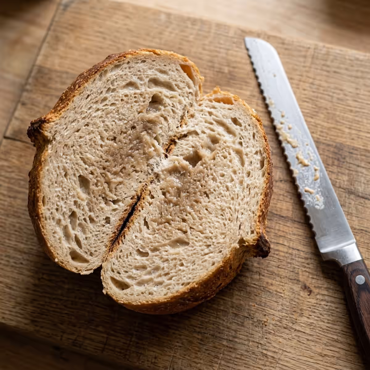 Krumenschnitt-Vergleich: ein zehn Minuten nach dem Backen geschnittenes Brot zeigt eine nasse, klebrige, halbtransparente Oberfläche, die am Messer zieht, gegenüber demselben Brot neunzig Minuten später geschnitten mit einer offenen, trockenen, federnden Krume und einer knusprigen, knisternden Kruste. - Before
