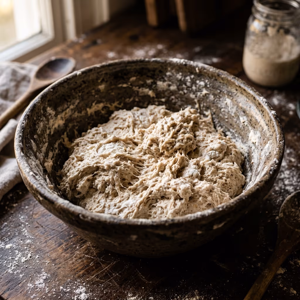 Évolution de la texture de la pâte : de la masse déchirée et hirsute après le premier mélange à la membrane translucide après l'incorporation du sel et trois rabats. - Before