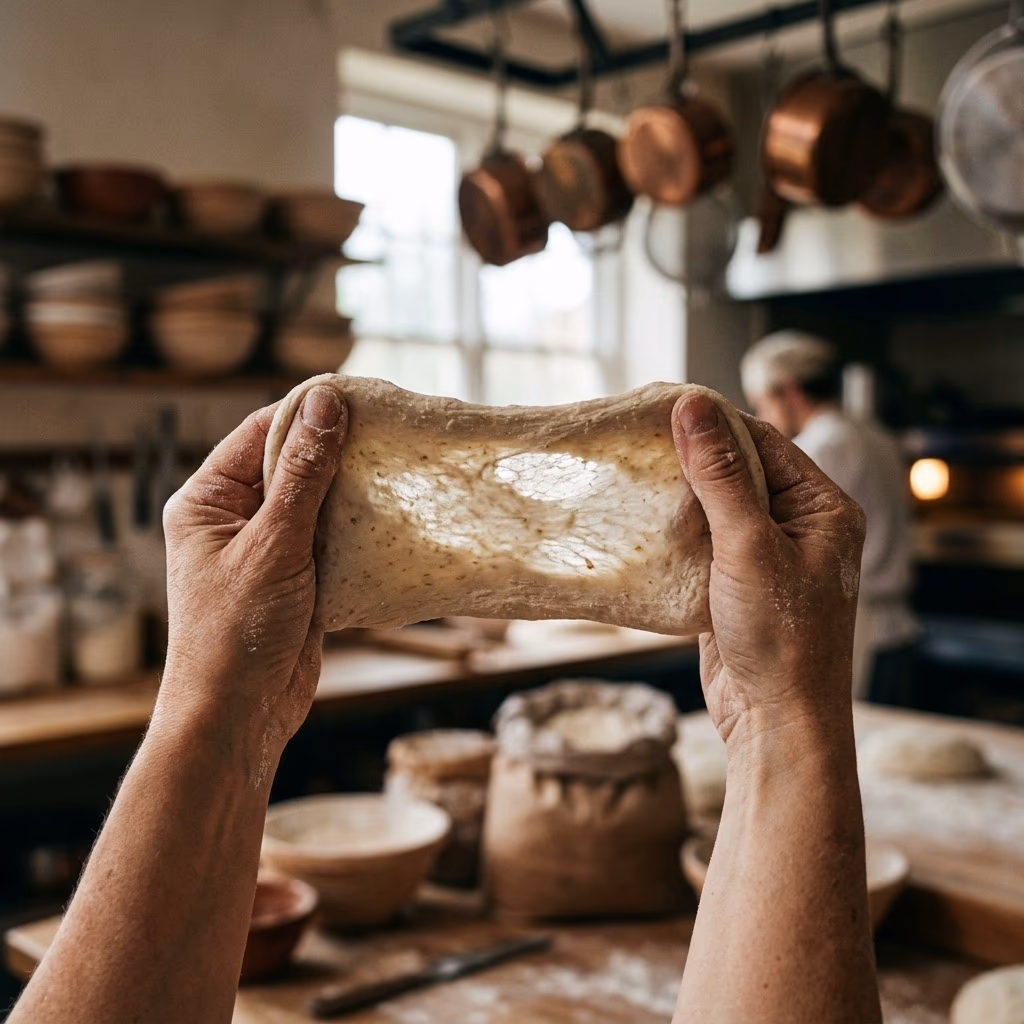 Évolution de la texture de la pâte : de la masse déchirée et hirsute après le premier mélange à la membrane translucide après l'incorporation du sel et trois rabats. - After
