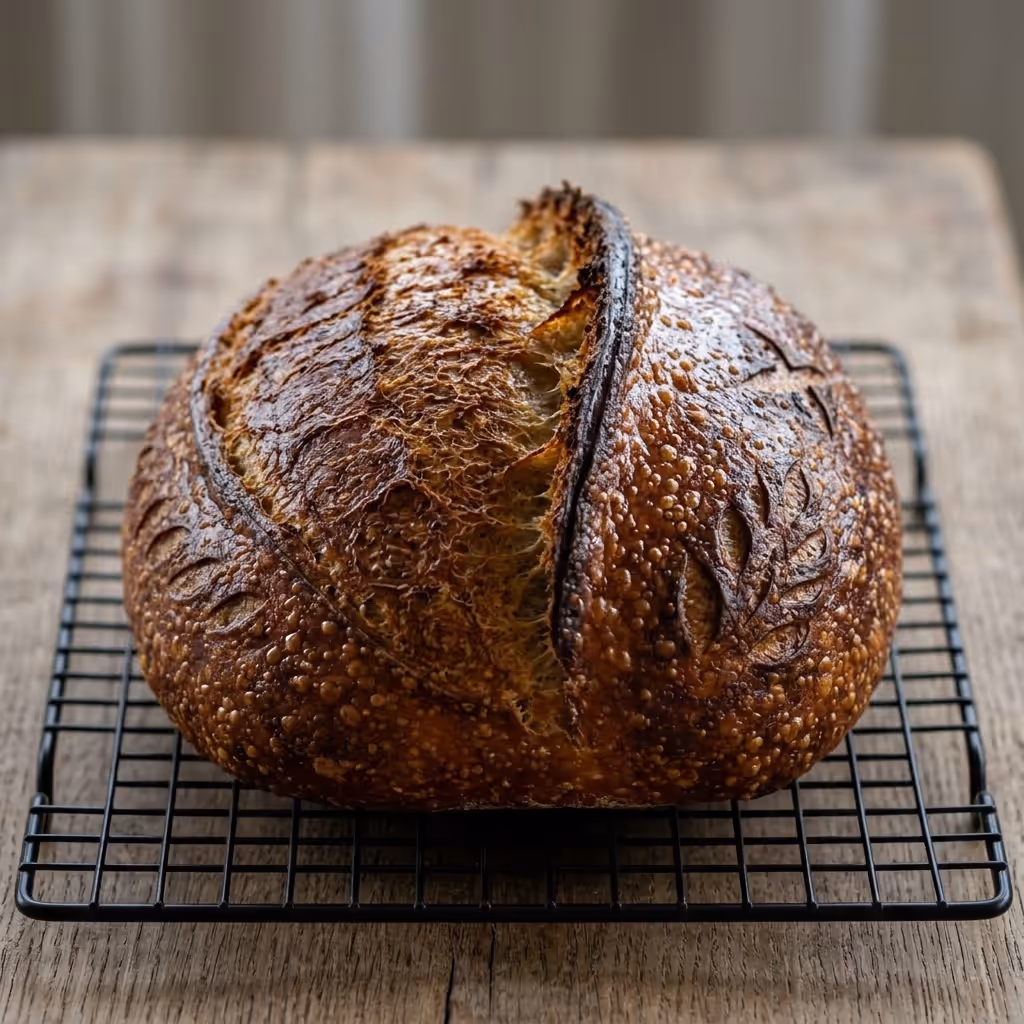 Comparaison de deux cuissons : un pain au levain cuit dans un four sec avec une croûte pâle, mate, légèrement craquelée et une coupe refermée, contre la même pâte avec vingt minutes de buée, désormais avec une croûte profondément ambrée, brillante, et une oreille pleinement épanouie le long de la coupe. - After
