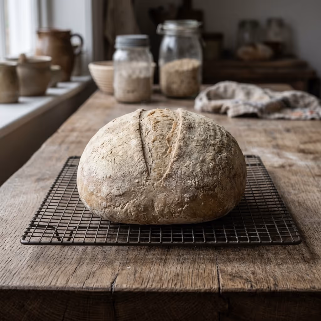 Comparaison de deux cuissons : un pain au levain cuit dans un four sec avec une croûte pâle, mate, légèrement craquelée et une coupe refermée, contre la même pâte avec vingt minutes de buée, désormais avec une croûte profondément ambrée, brillante, et une oreille pleinement épanouie le long de la coupe. - Before