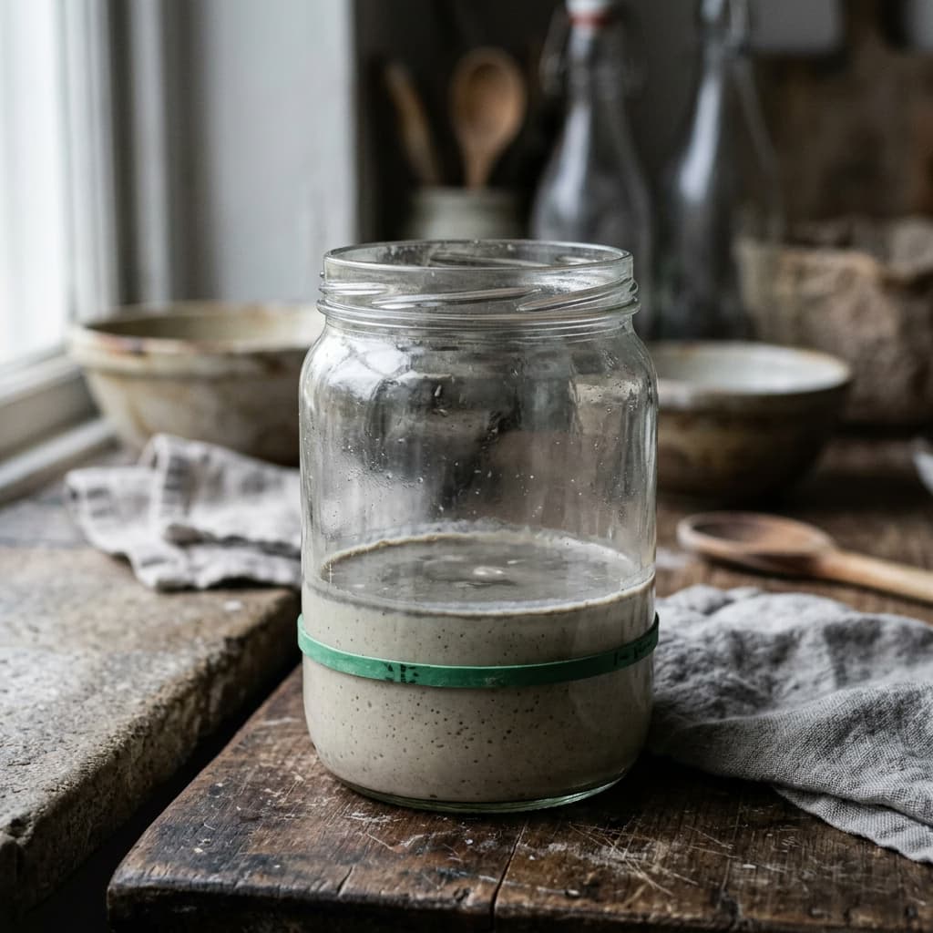 Un levain plat et mou avec du hooch sur le dessus, à côté du même levain après plusieurs rafraîchis au chaud, bombé et plein de bulles régulières. - Before