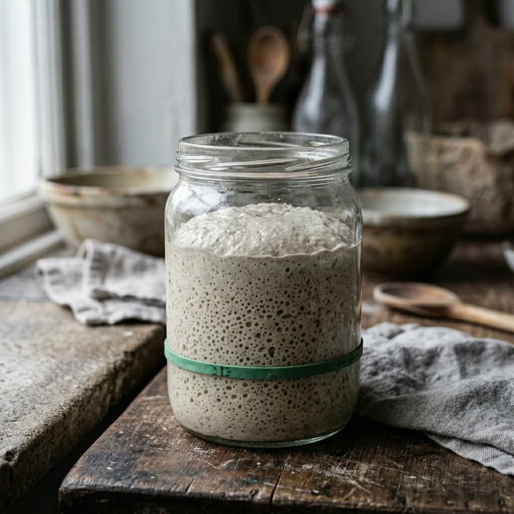 Un levain plat et mou avec du hooch sur le dessus, à côté du même levain après plusieurs rafraîchis au chaud, bombé et plein de bulles régulières. - After